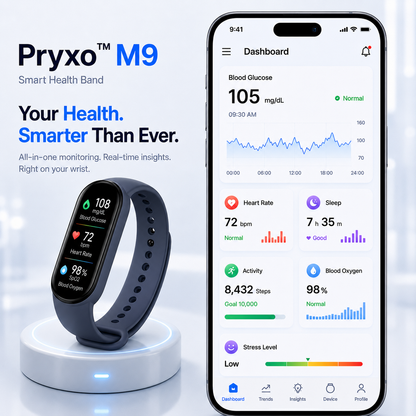 🔥80% OFF Launch Offer 🏆 2026 Pryxo™ M9 Non-Invasive Smart Band 📈12 health reports - No-Prick