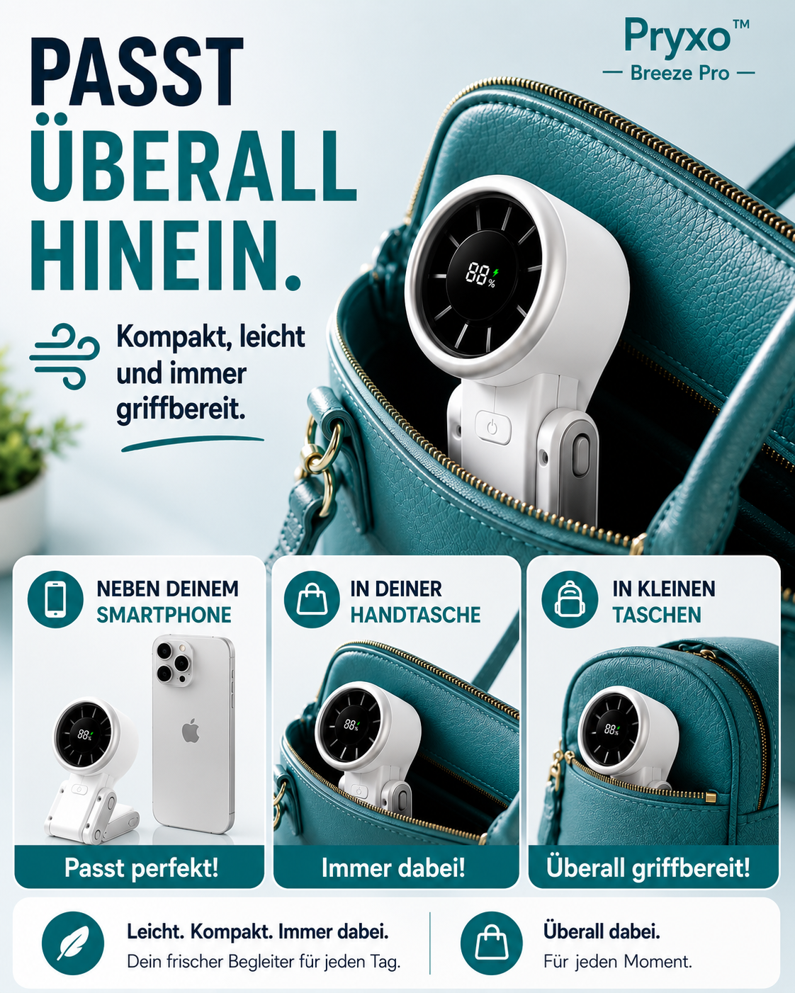 Pryxo™ Pro - tragbarer Mini-Ventilator für sofortige Abkühlung