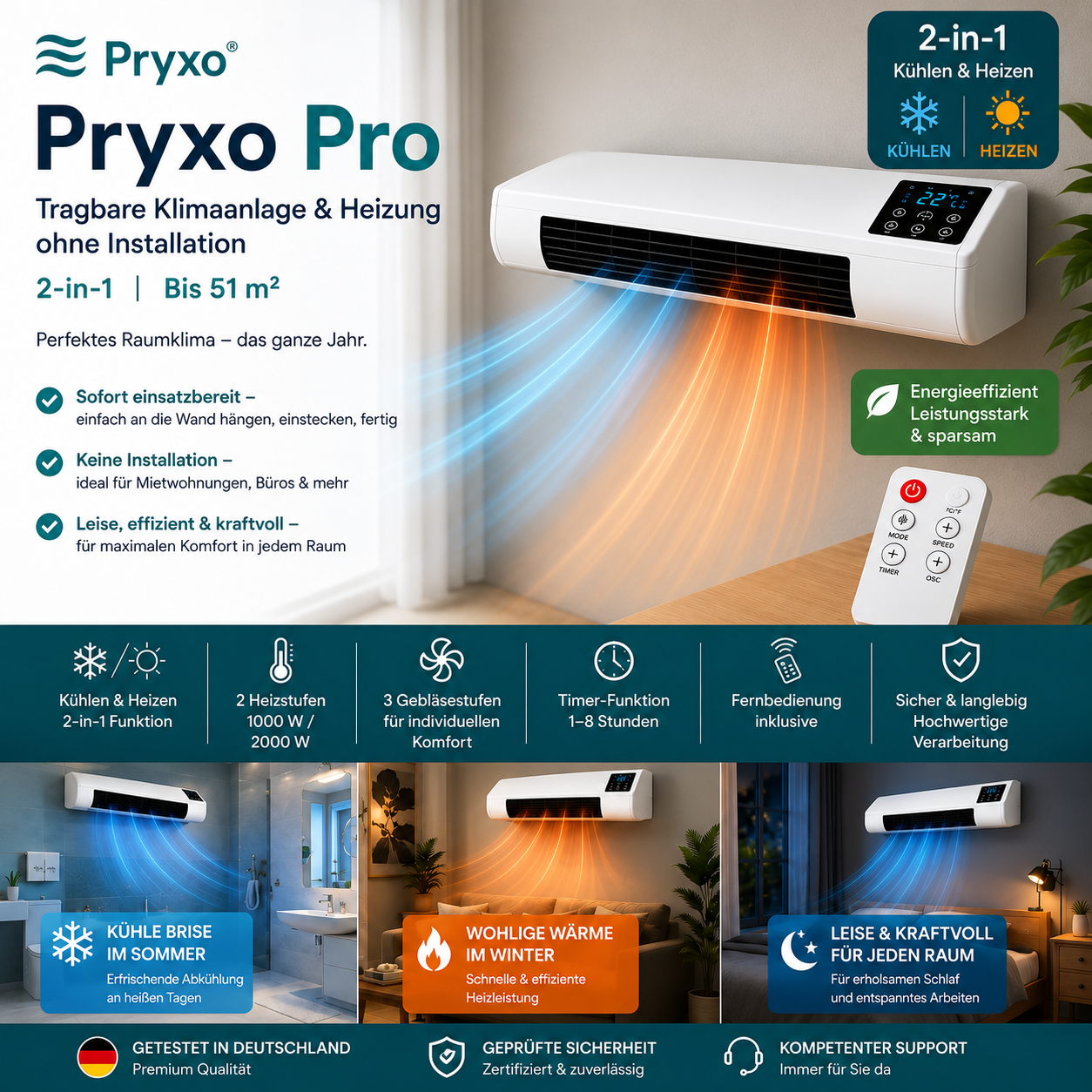 Pryxo Pro – Tragbarer Klimakühler & Heizung ohne Installation | 2-in-1 Klimatisierung | Bis 51 m²